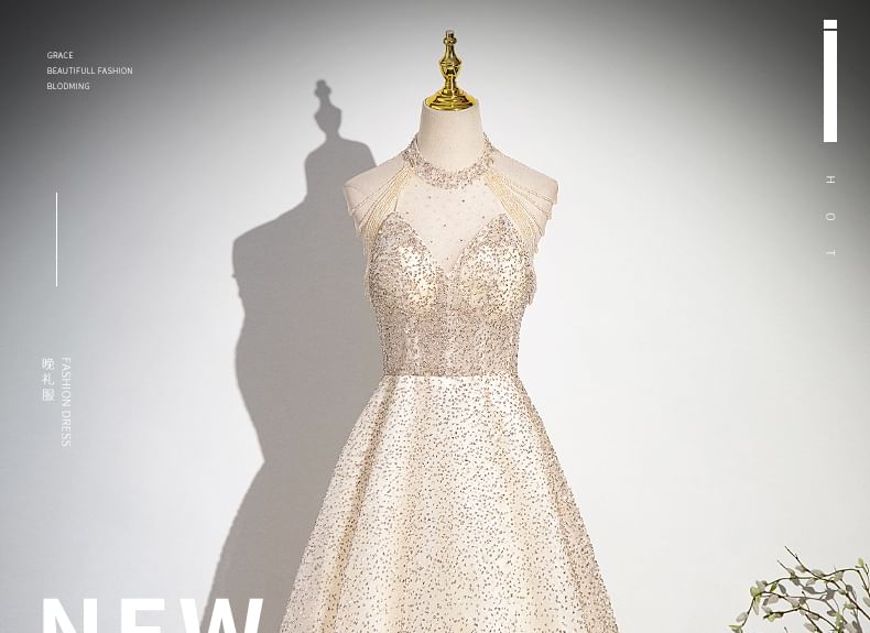 A-Line Glitter Sleeveless Beaded Evening Mesh Gown Neck Mock