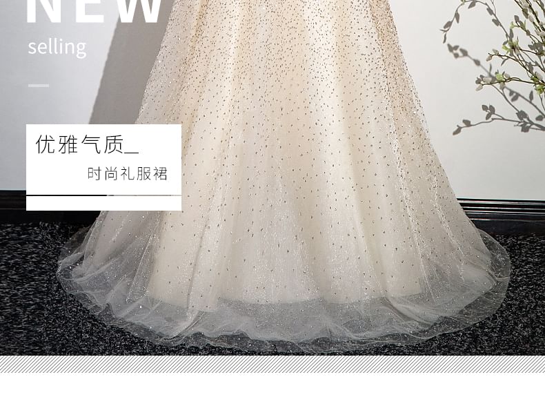 A-Line Glitter Sleeveless Beaded Evening Mesh Gown Neck Mock