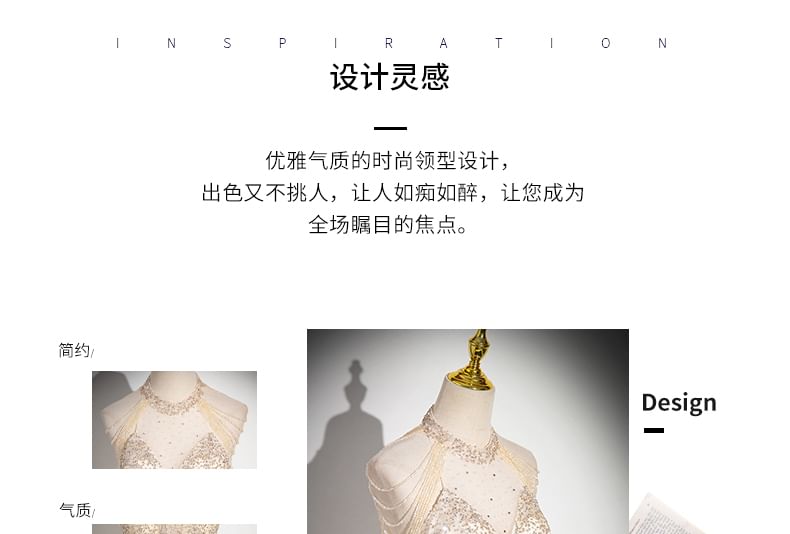 A-Line Glitter Sleeveless Beaded Evening Mesh Gown Neck Mock