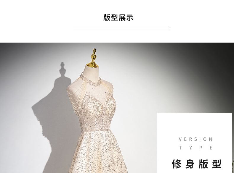 A-Line Glitter Sleeveless Beaded Evening Mesh Gown Neck Mock