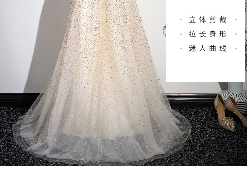 A-Line Glitter Sleeveless Beaded Evening Mesh Gown Neck Mock