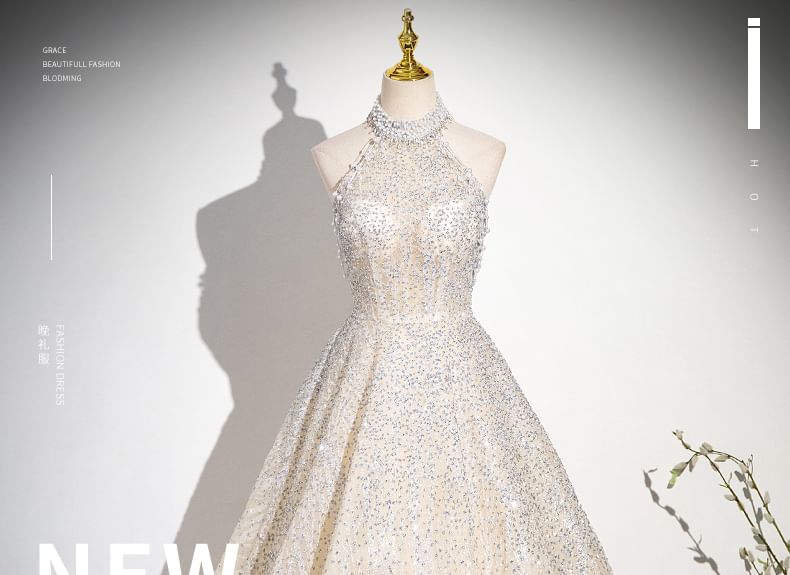 Beaded Sleeveless Mesh A-Line Gown Glitter Evening Mock Neck