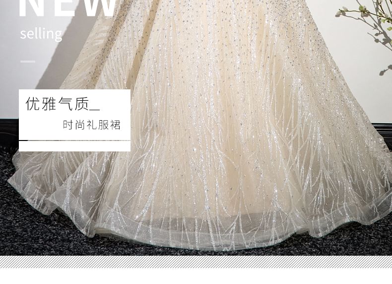 Beaded Sleeveless Mesh A-Line Gown Glitter Evening Mock Neck