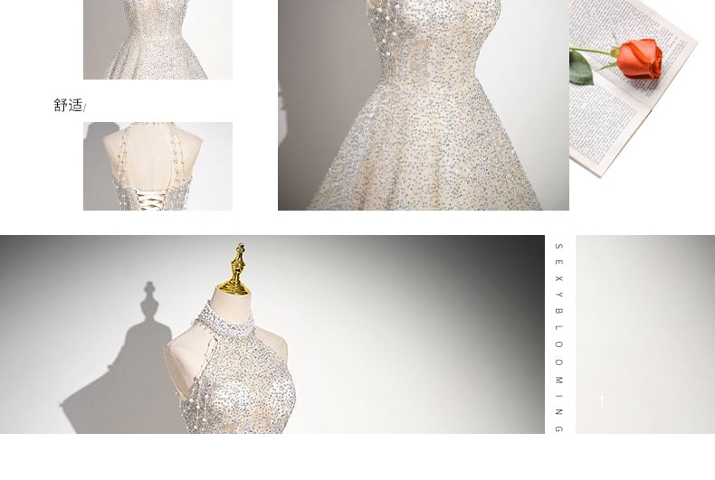 Beaded Sleeveless Mesh A-Line Gown Glitter Evening Mock Neck