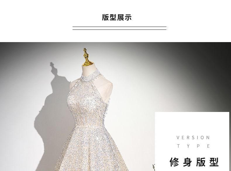 Beaded Sleeveless Mesh A-Line Gown Glitter Evening Mock Neck