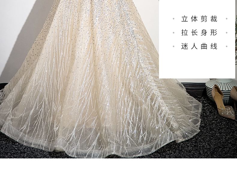 Beaded Sleeveless Mesh A-Line Gown Glitter Evening Mock Neck