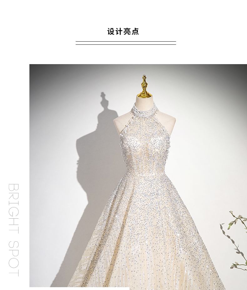 Evening Neck Mock Mesh Sleeveless Beaded Glitter Gown A-Line