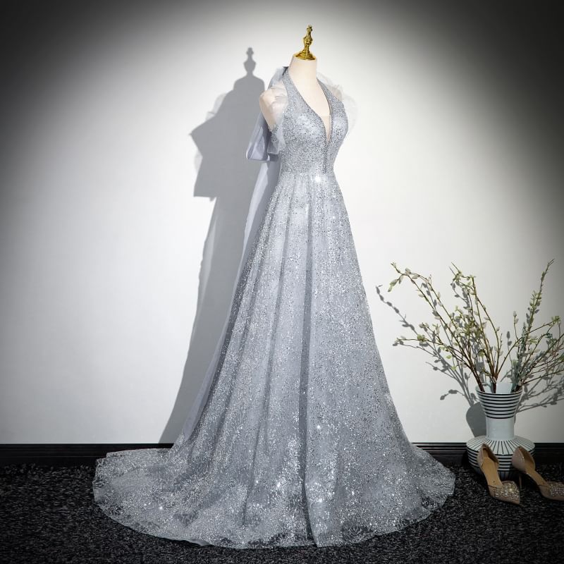 Halter Plain Evening Gown Sequin A-Line Mesh