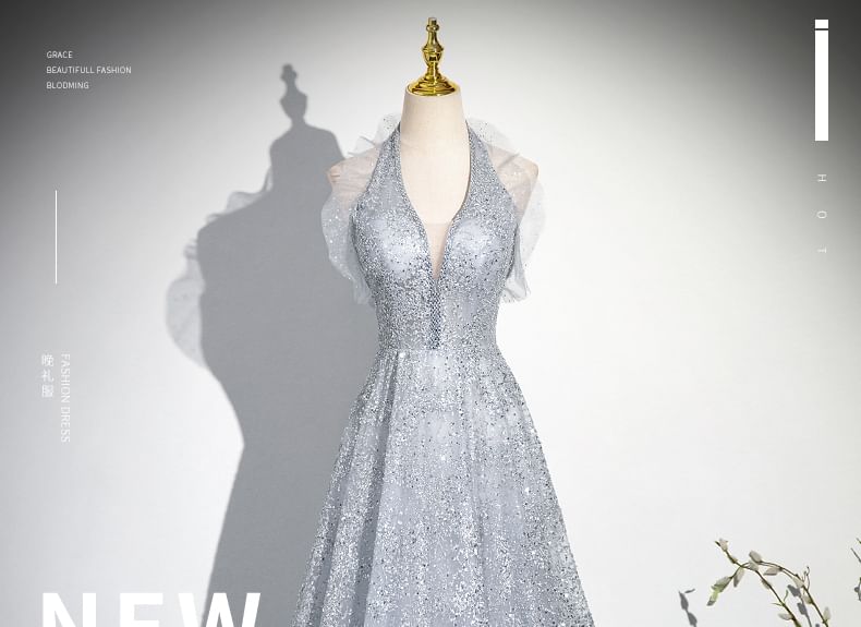 Halter Plain Evening Gown Sequin A-Line Mesh