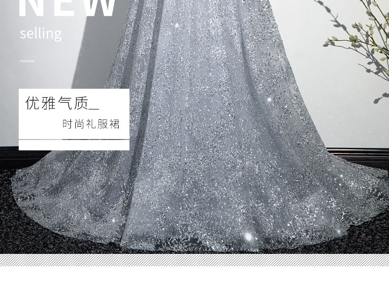 Halter Plain Evening Gown Sequin A-Line Mesh