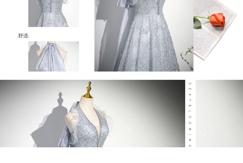 Halter Plain Evening Gown Sequin A-Line Mesh