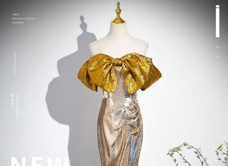 Evening Tube Bow Gown Sequin Slit Trumpet