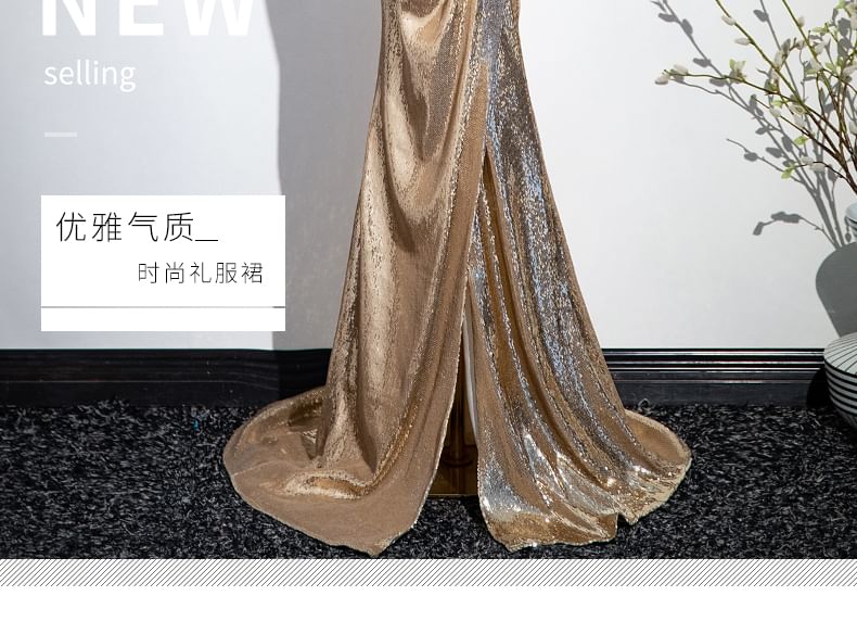 Evening Tube Bow Gown Sequin Slit Trumpet