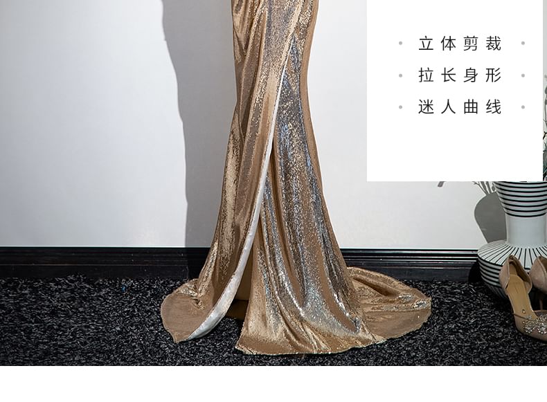 Evening Tube Bow Gown Sequin Slit Trumpet