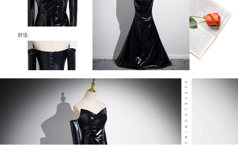 Leather Set: Gloves Gown Faux Plain + Evening Mermaid Ruched Tube