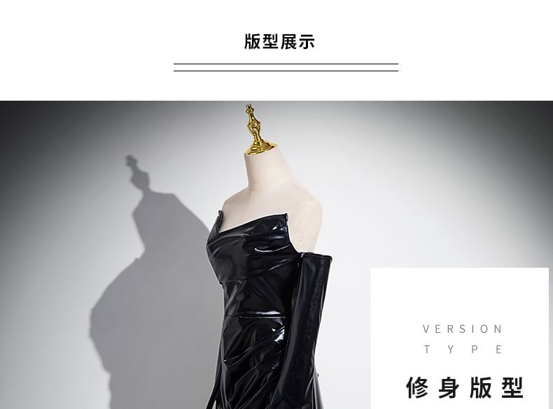 Leather Set: Gloves Gown Faux Plain + Evening Mermaid Ruched Tube