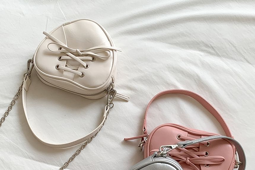 Leather Strap Shaped Faux Heart Bag Chain Crossbody Lace-Up