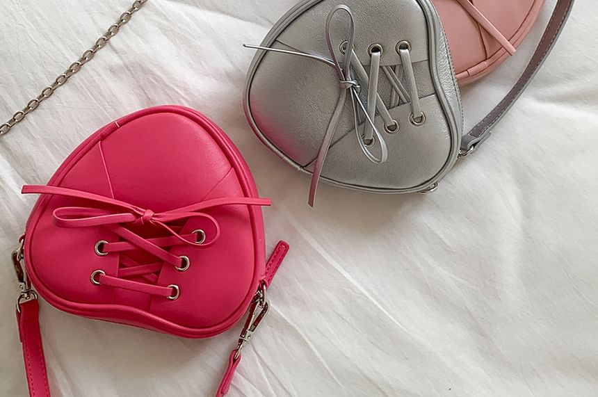 Leather Strap Shaped Faux Heart Bag Chain Crossbody Lace-Up