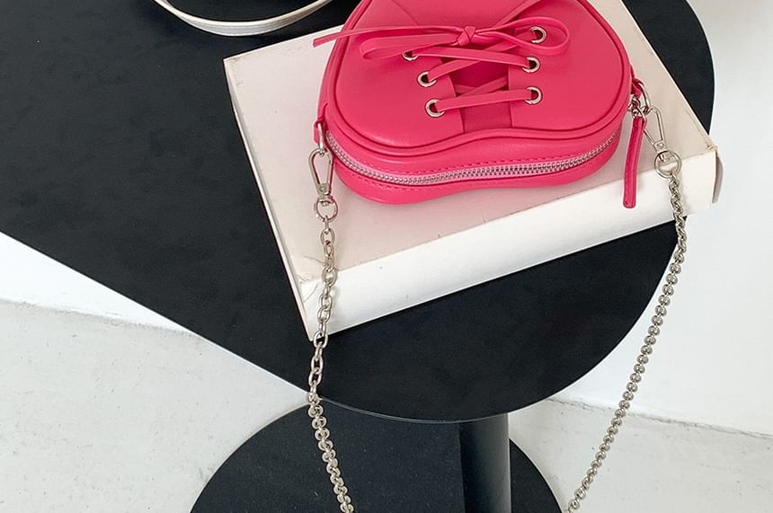Leather Strap Shaped Faux Heart Bag Chain Crossbody Lace-Up