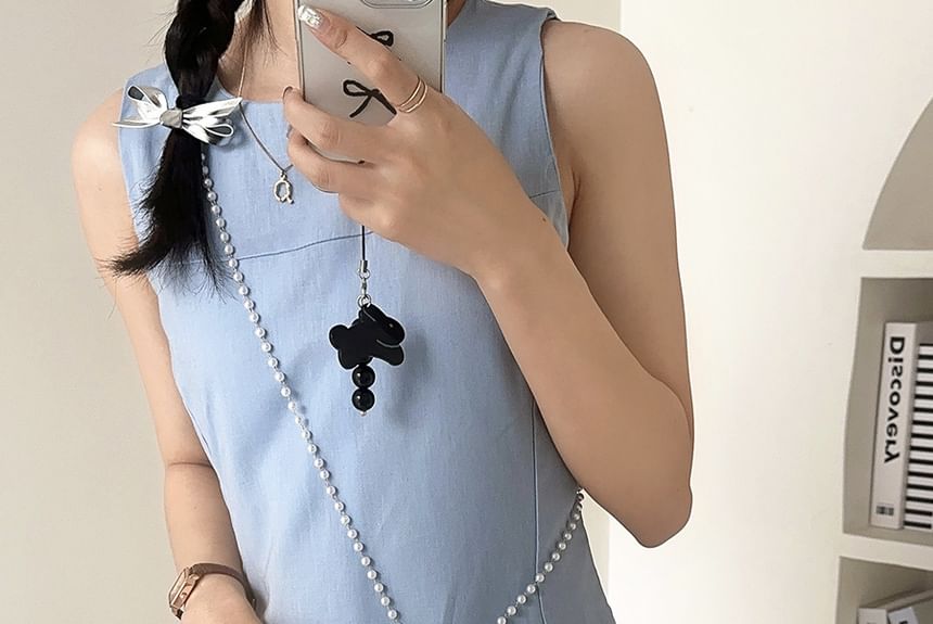 Leather + Bag Charm Crossbody Pearl Plain Set: Faux Strap