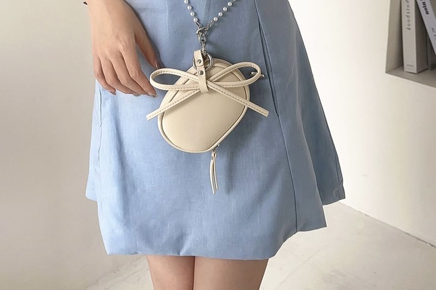 Leather + Bag Charm Crossbody Pearl Plain Set: Faux Strap
