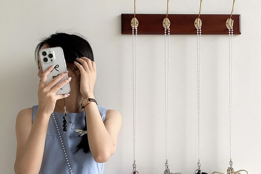 Leather + Bag Charm Crossbody Pearl Plain Set: Faux Strap