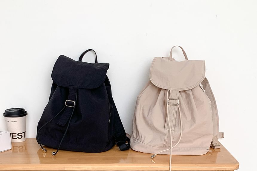 Flap Drawstring Backpack Nylon Plain