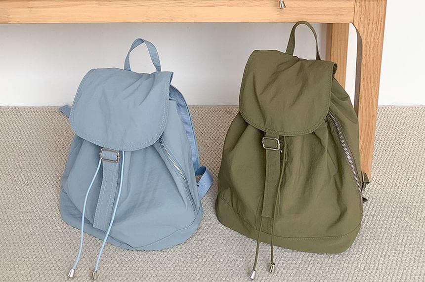 Flap Drawstring Backpack Nylon Plain