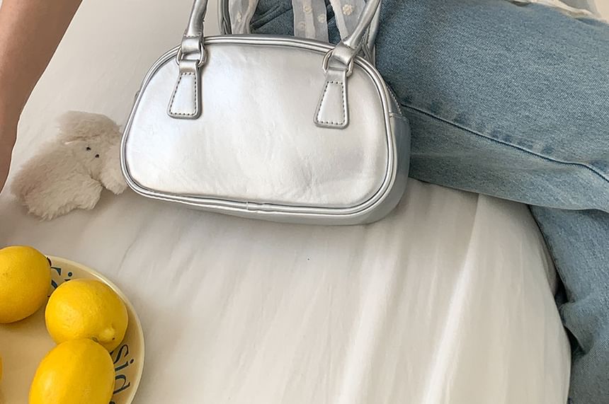 Leather Plain Bowler Bag Faux