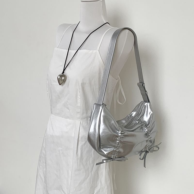 Faux Plain Drawstring Leather Shoulder Bag