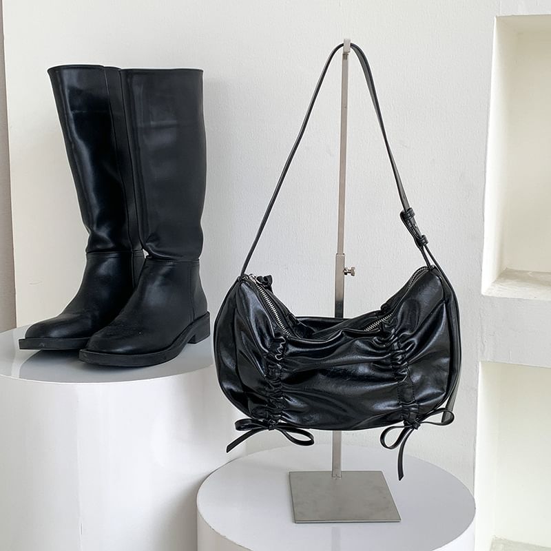 Faux Plain Drawstring Leather Shoulder Bag