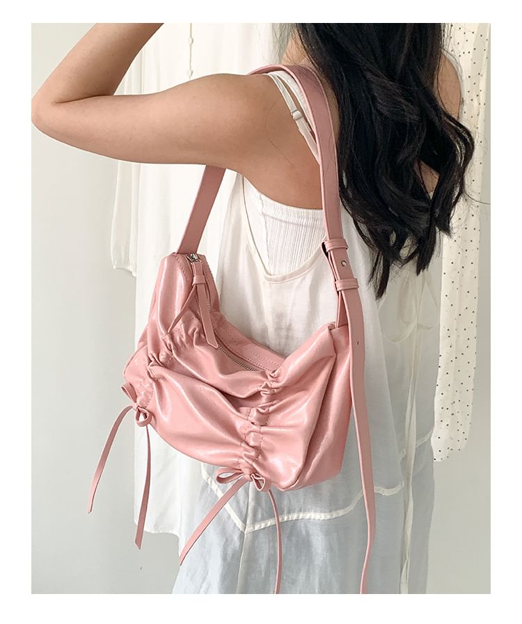 Faux Plain Drawstring Leather Shoulder Bag