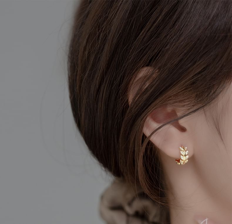 Sterling Silver Rhinestone Leaf Hoop Earring