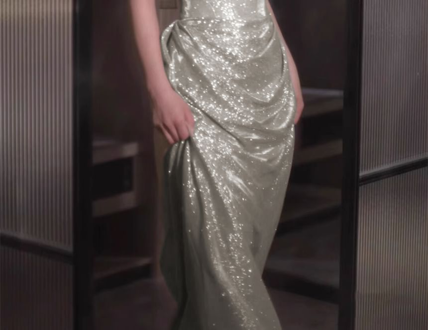 Off-Shoulder Sequin Evening Gown Ruched A-Line Plain