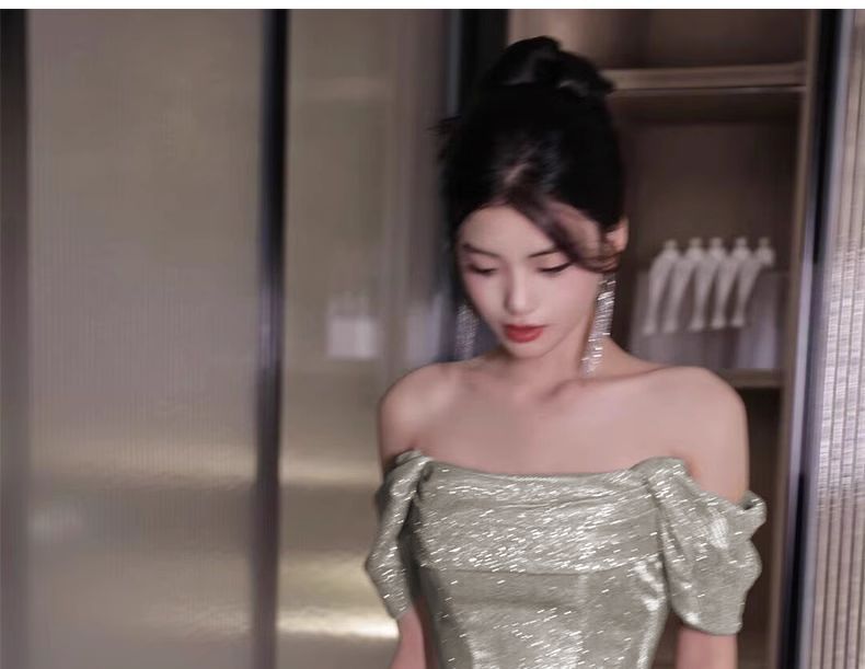 Off-Shoulder Sequin Evening Gown Ruched A-Line Plain