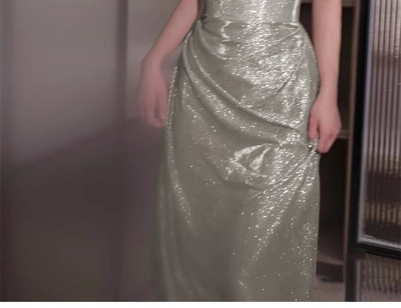 Off-Shoulder Sequin Evening Gown Ruched A-Line Plain