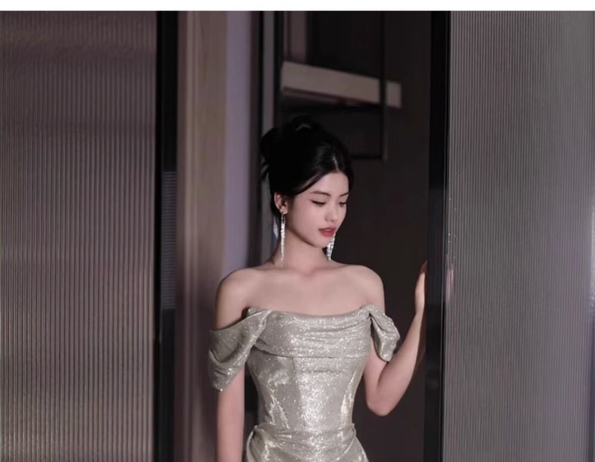 Off-Shoulder Sequin Evening Gown Ruched A-Line Plain