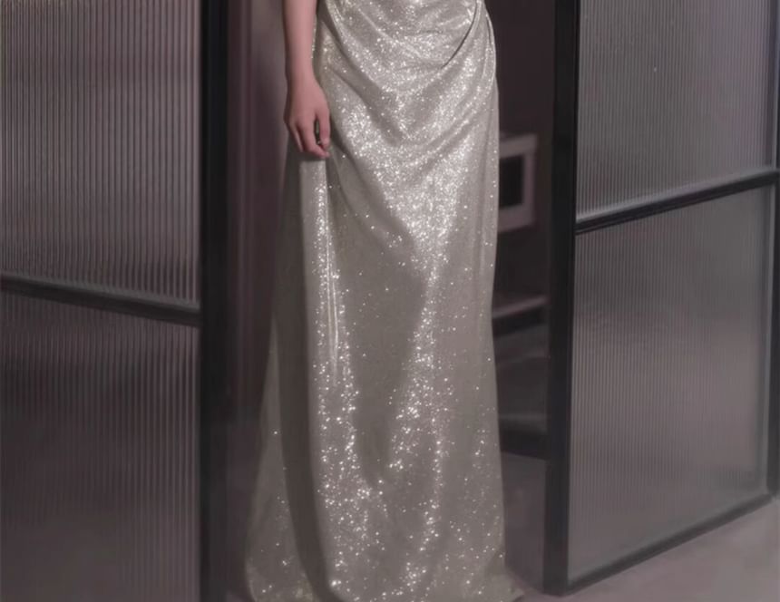 Off-Shoulder Sequin Evening Gown Ruched A-Line Plain