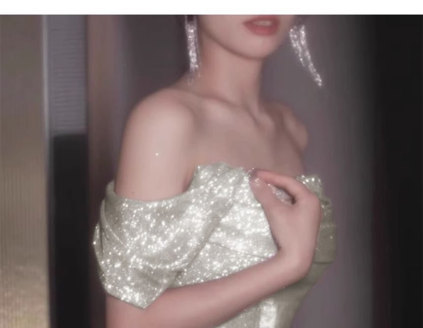 Off-Shoulder Sequin Evening Gown Ruched A-Line Plain