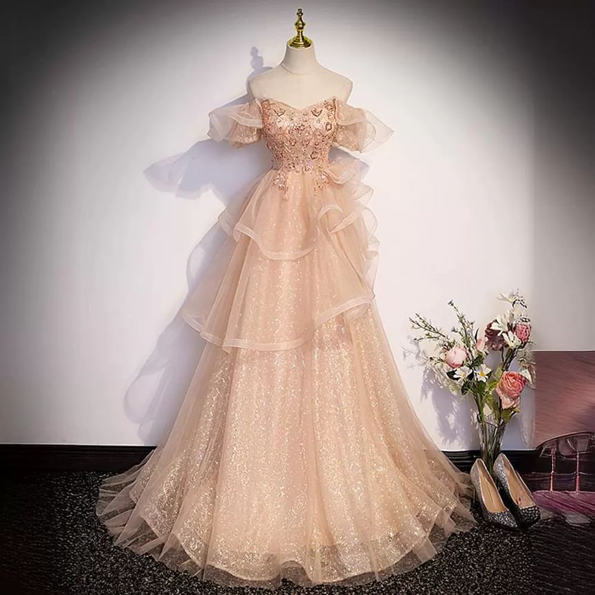 A-Line Sequin Cap-Sleeve Evening Tiered Gown