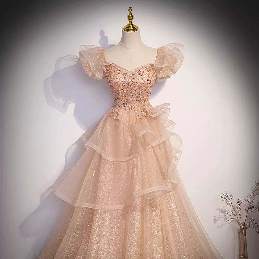 A-Line Sequin Cap-Sleeve Evening Tiered Gown