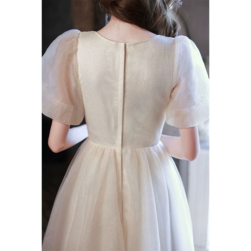 Short-Sleeve Evening V-Neck Gown Mesh A-Line