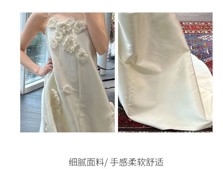 Plain Wedding Gown Accent Back Strapless Bow A-Line Satin Trained Floral