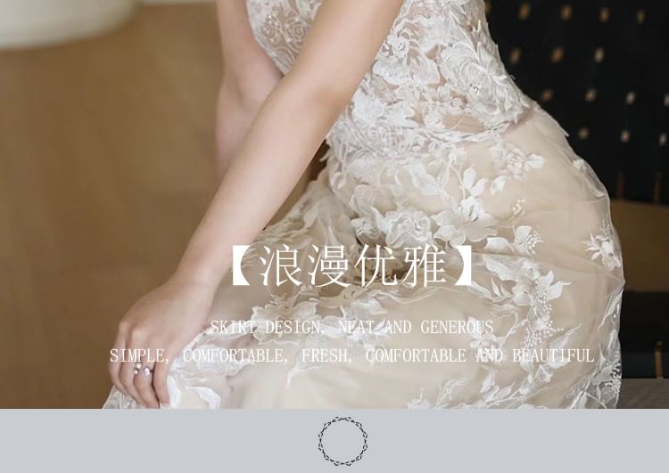 V-Neck Embroidered A-Line Gown Sleeveless Floral Wedding