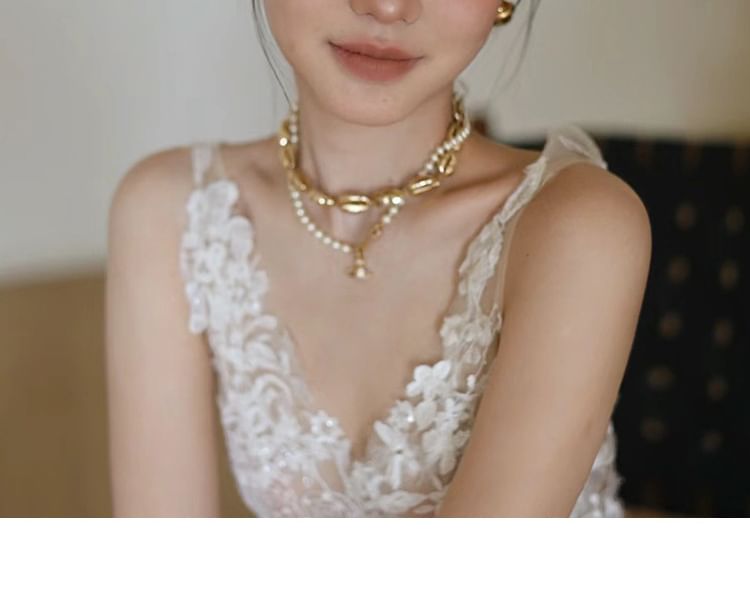 V-Neck Embroidered A-Line Gown Sleeveless Floral Wedding