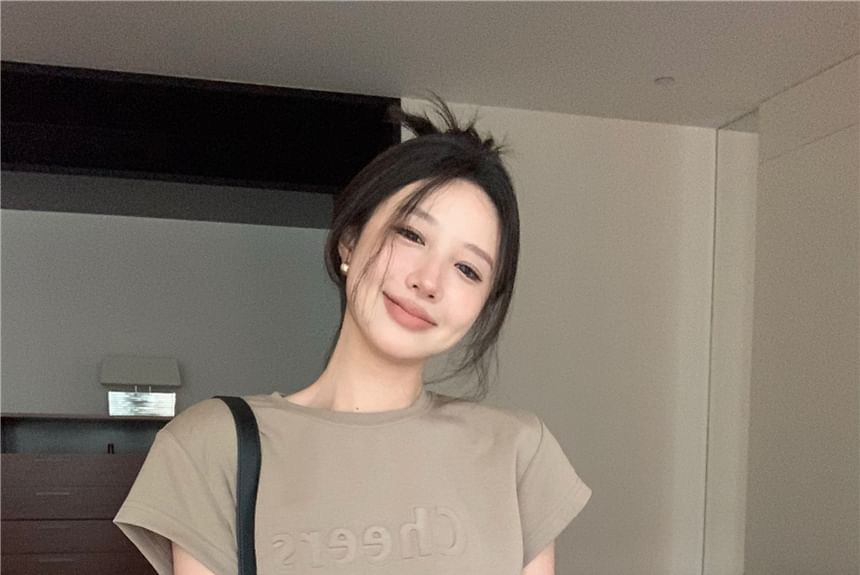 A-Line Mini Embossed Two Lettering Piece Short-Sleeve Crew Neck Dress Plain Mock