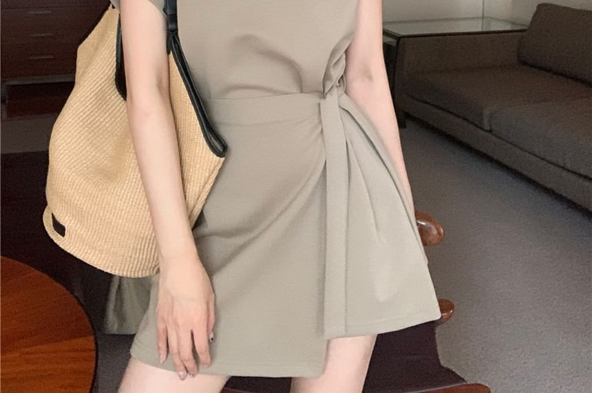 A-Line Mini Embossed Two Lettering Piece Short-Sleeve Crew Neck Dress Plain Mock