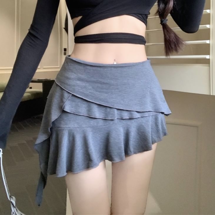 Skirt A-Line Asymmetrical Plain Mini Panel Mid Rise Ruffle