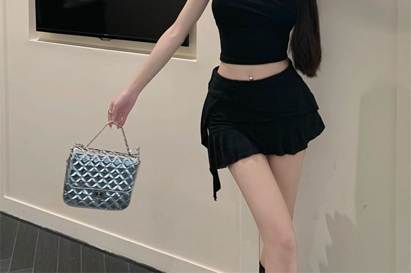 Skirt A-Line Asymmetrical Plain Mini Panel Mid Rise Ruffle
