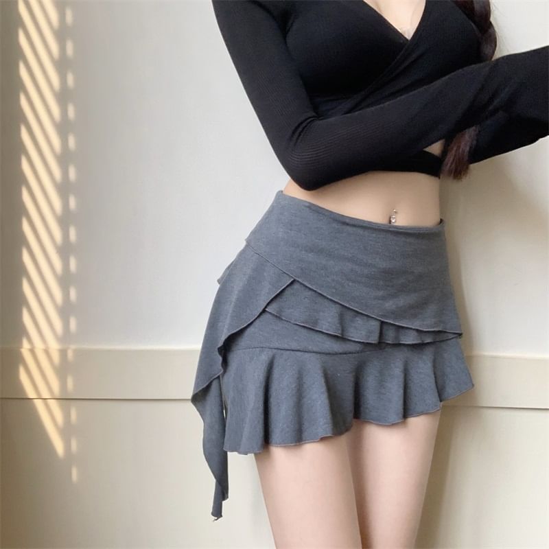 Skirt A-Line Asymmetrical Plain Mini Panel Mid Rise Ruffle